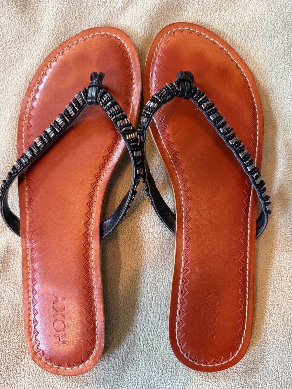 Roxy Black Beaded Strap Sandals with Rust Footbed
